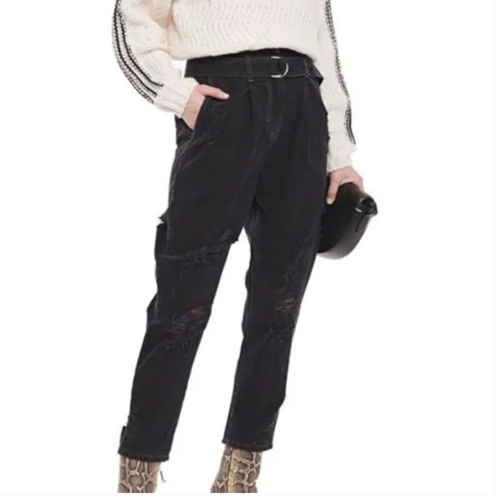 IRO Distressed High Rise Belted Jeans Black Wash Size 25